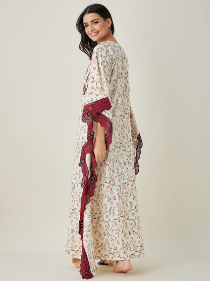 Women's White Floral Embroidered Maxi Kaftan