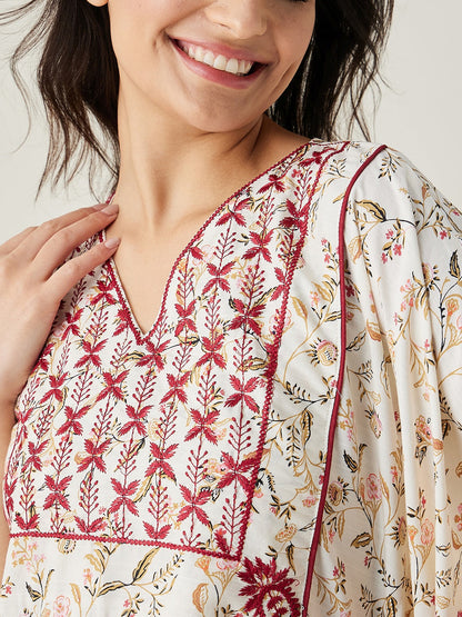 Women's White Floral Embroidered Maxi Kaftan