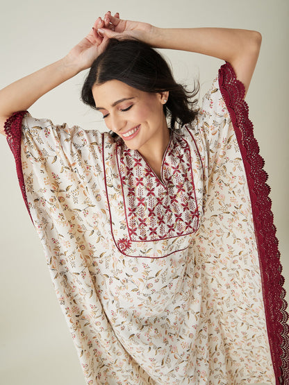 Women's White Floral Embroidered Maxi Kaftan