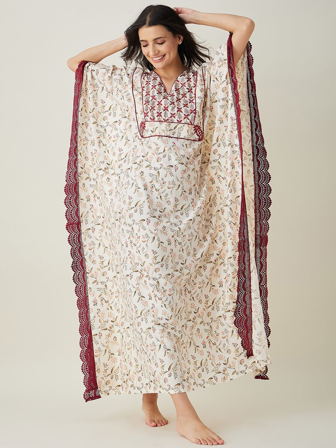 Women's White Floral Embroidered Maxi Kaftan