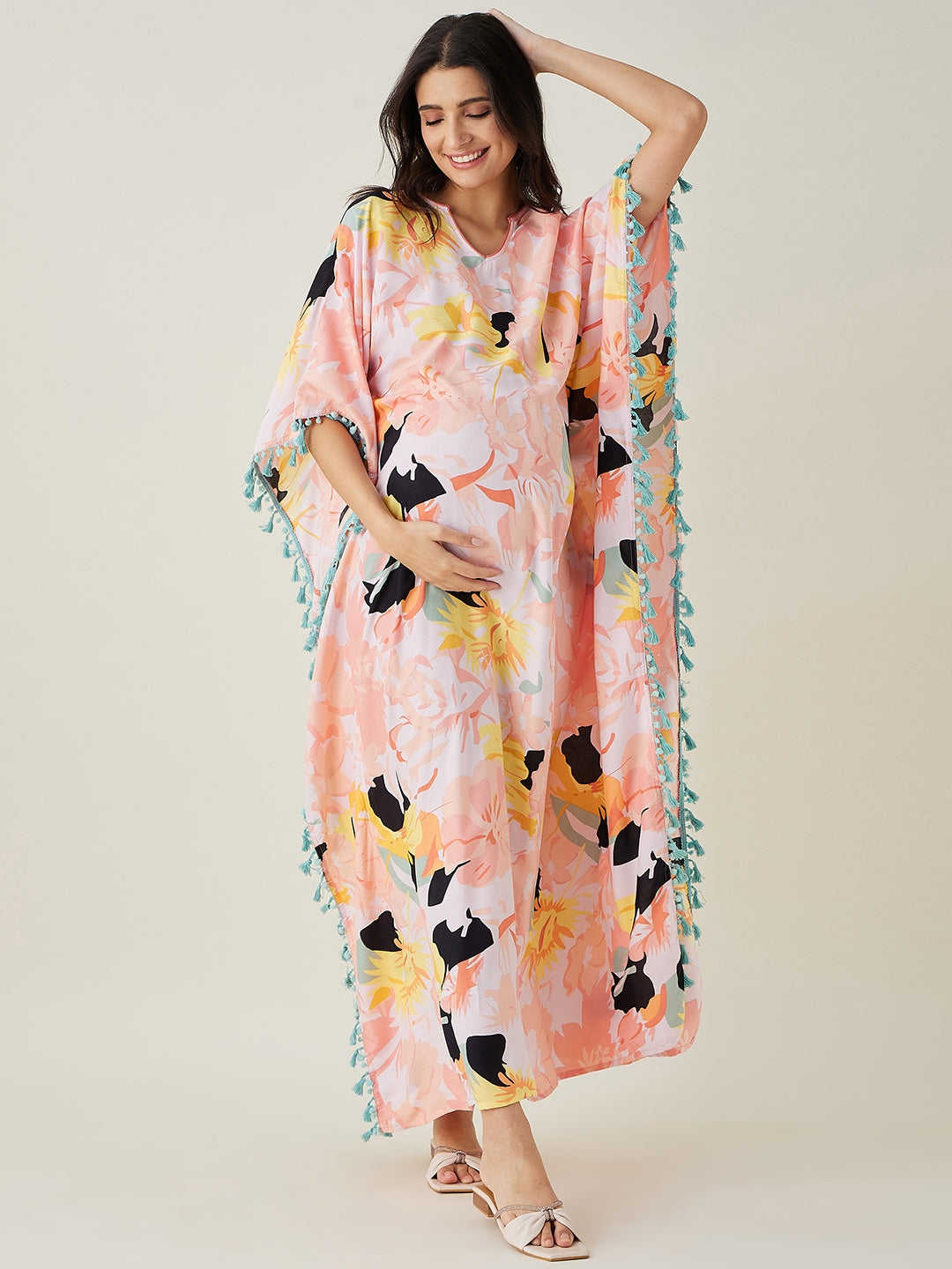 Women's Pink Abstract Floral Maternity Kaftan
