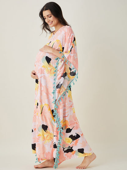 Women's Pink Abstract Floral Maternity Kaftan