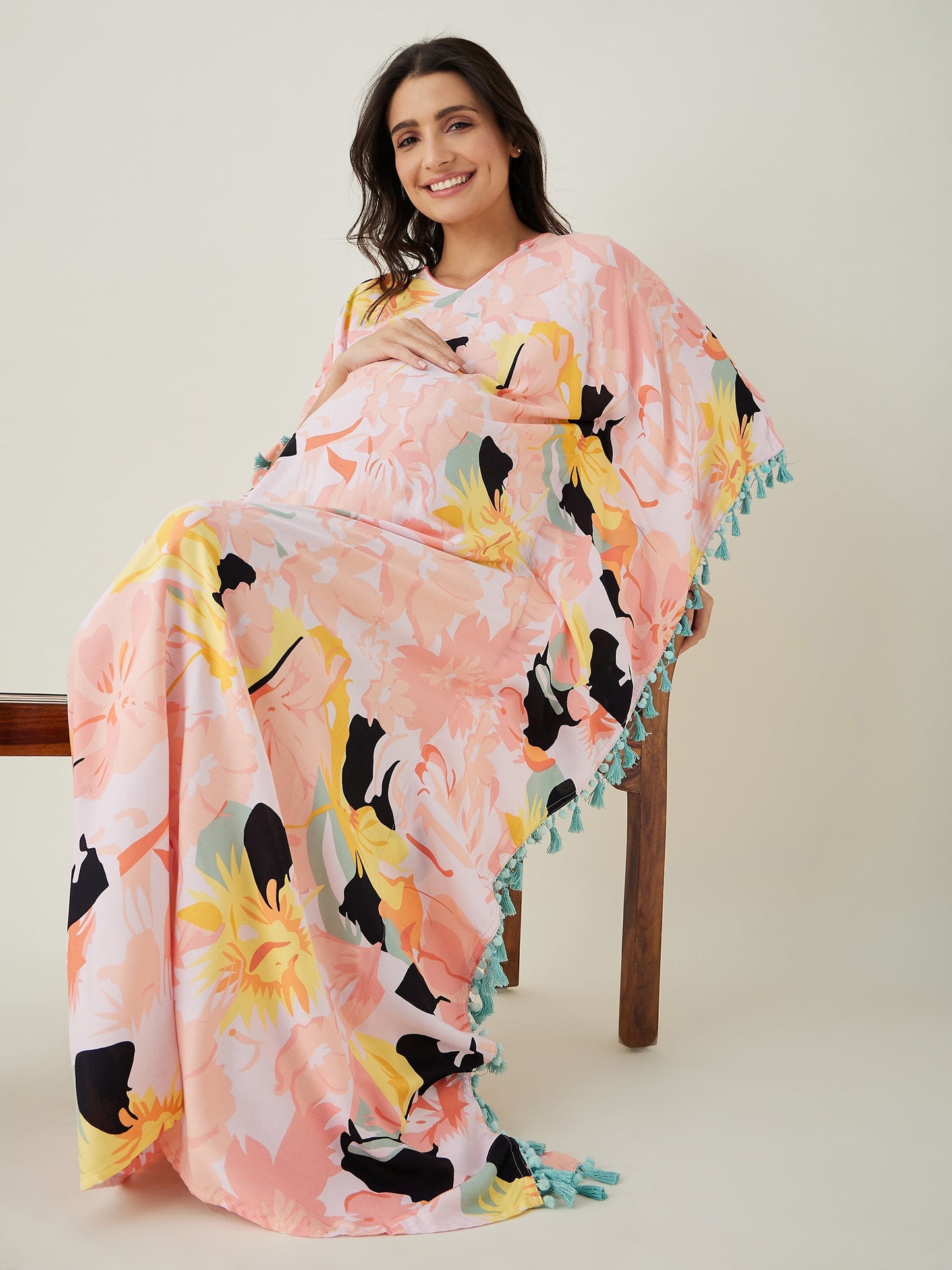 Women's Pink Abstract Floral Maternity Kaftan