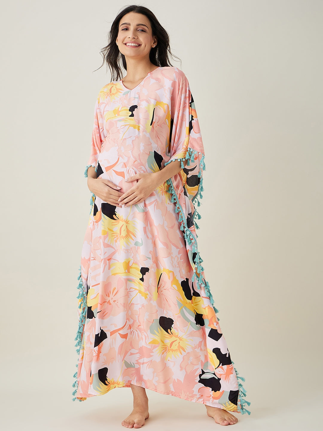 Women's Pink Abstract Floral Maternity Kaftan