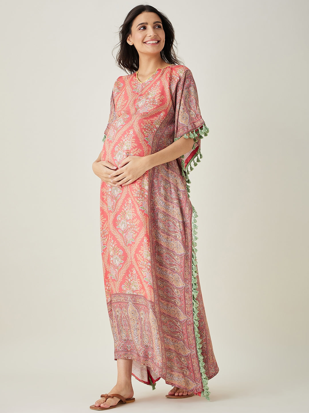 Women's Scarlet  Maternity Kaftan with Intricate Motifs