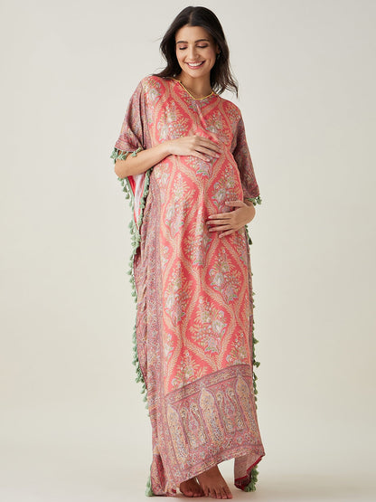 Women's Scarlet  Maternity Kaftan with Intricate Motifs