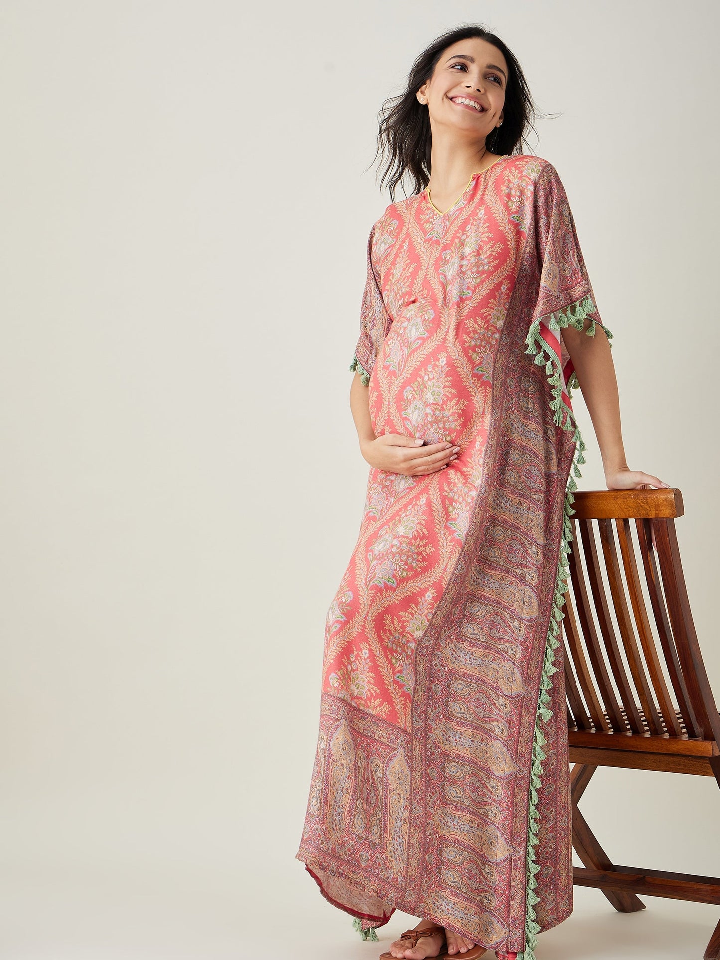 Women's Scarlet  Maternity Kaftan with Intricate Motifs