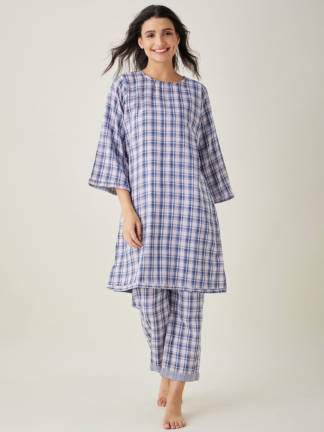 Women's Pink Checks Reversible Top Cotton Pyjama Set