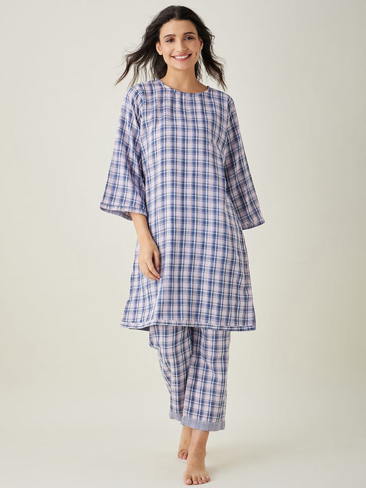 Women's Pink Checks Reversible Top Cotton Pyjama Set