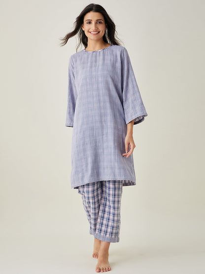 Women's Pink Checks Reversible Top Cotton Pyjama Set