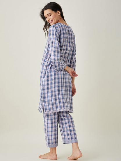Women's Pink Checks Reversible Top Cotton Pyjama Set