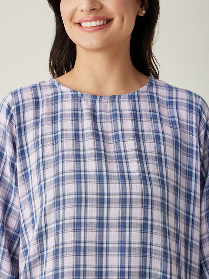 Women's Pink Checks Reversible Top Cotton Pyjama Set