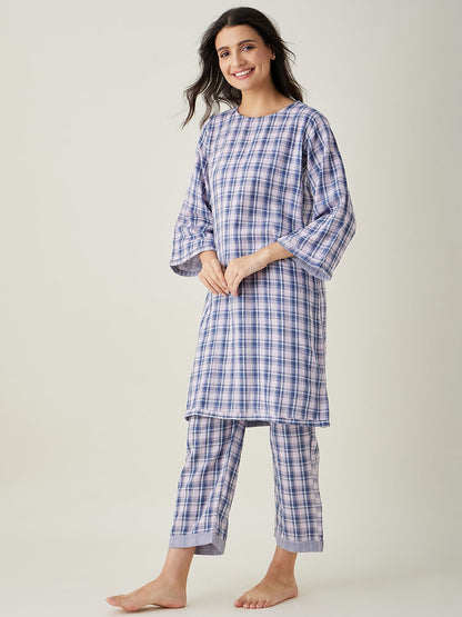 Women's Pink Checks Reversible Top Cotton Pyjama Set