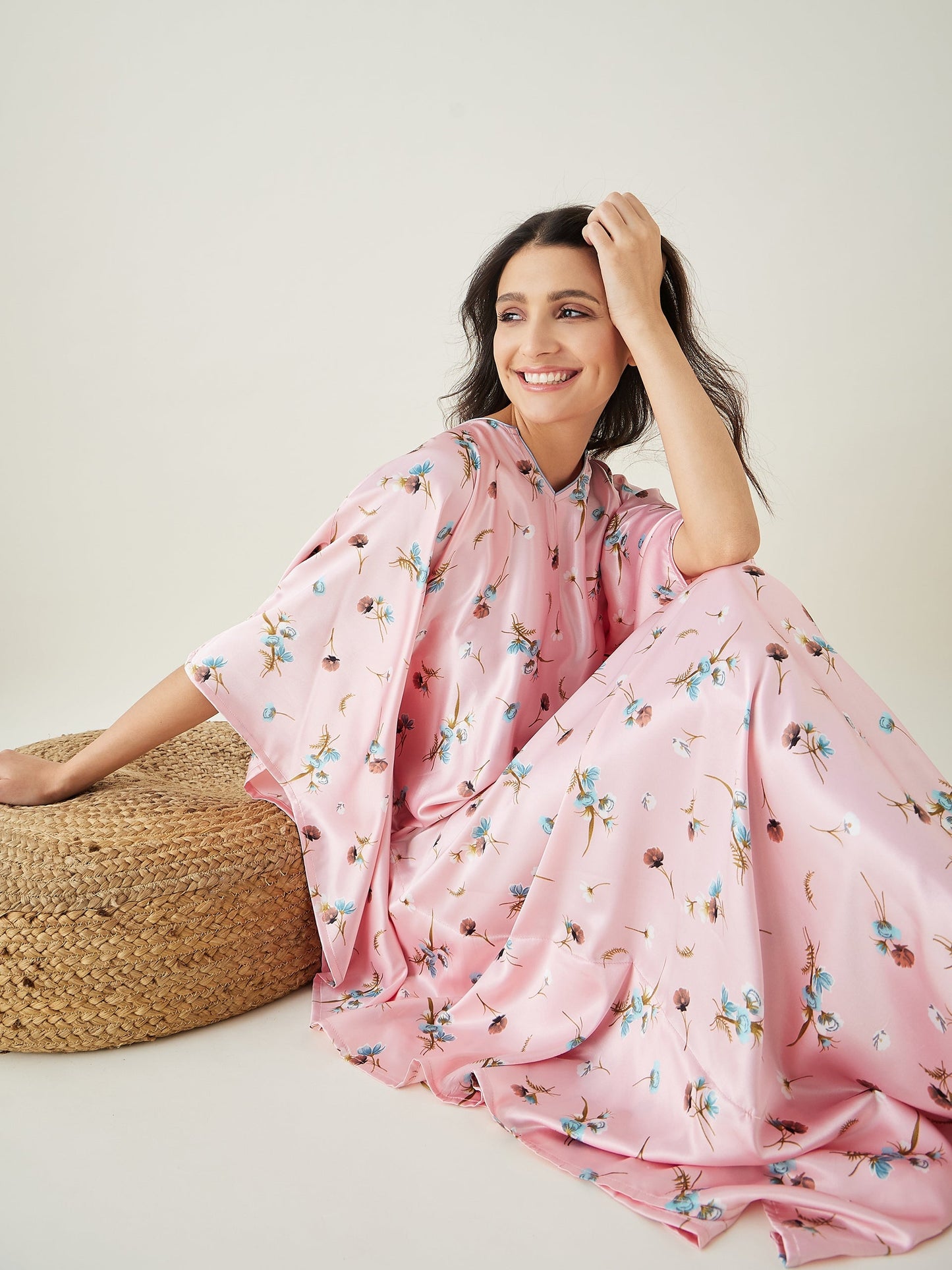Women's Pink Floral Printed Satin Kaftan