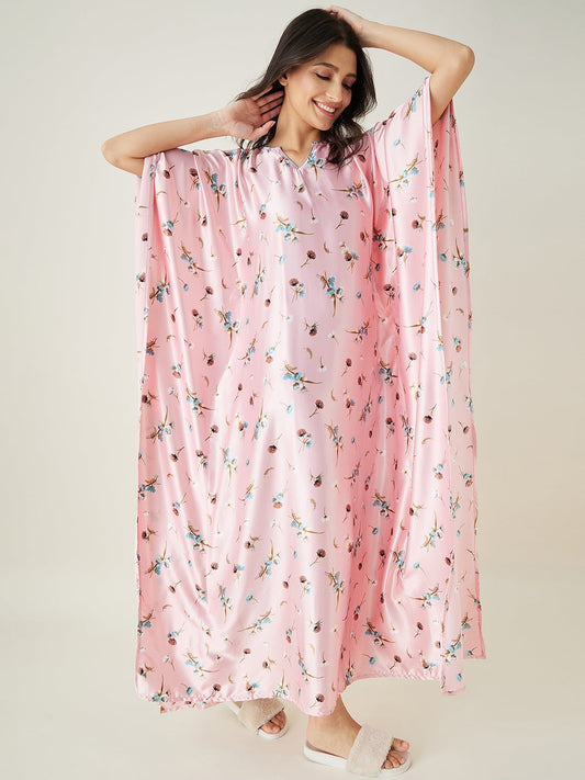 Women's Pink Floral Printed Satin Kaftan