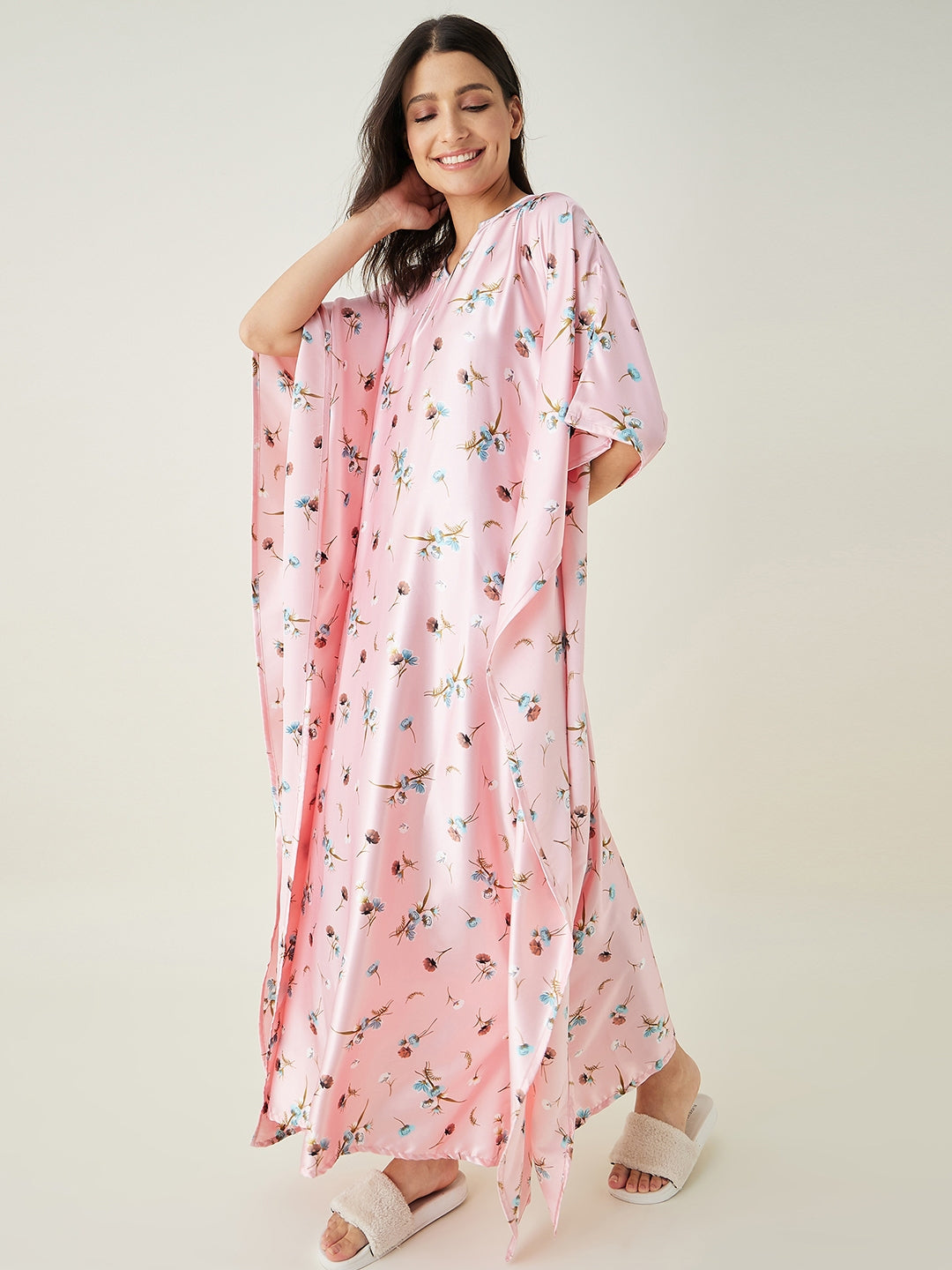 Women's Pink Floral Printed Satin Kaftan