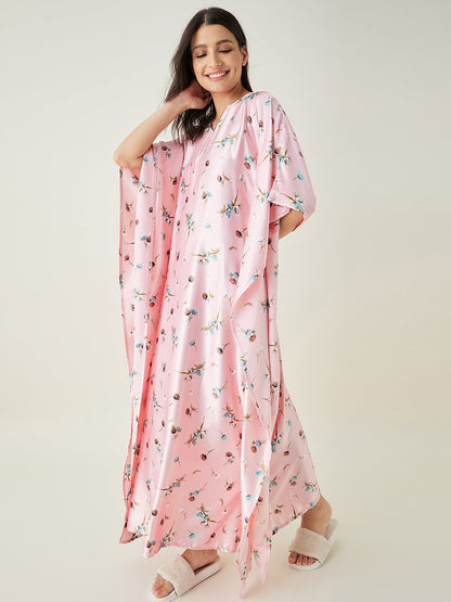 Women's Pink Floral Printed Satin Kaftan