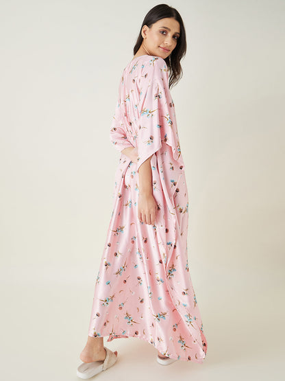 Women's Pink Floral Printed Satin Kaftan