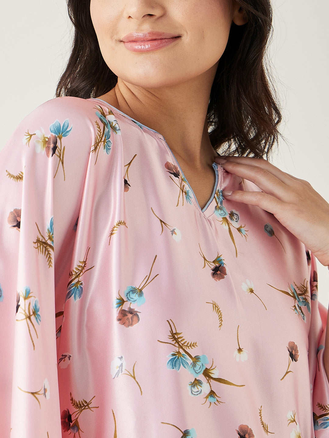 Women's Pink Floral Printed Satin Kaftan