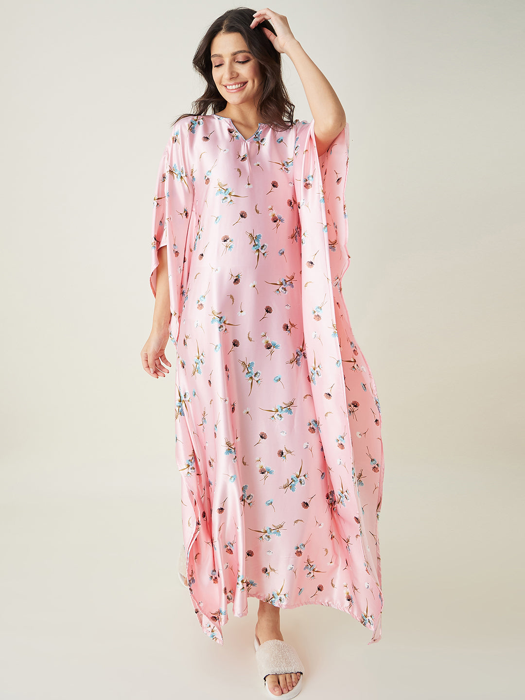 Women's Pink Floral Printed Satin Kaftan