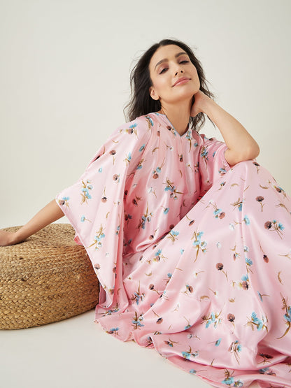 Women's Pink Floral Printed Satin Kaftan