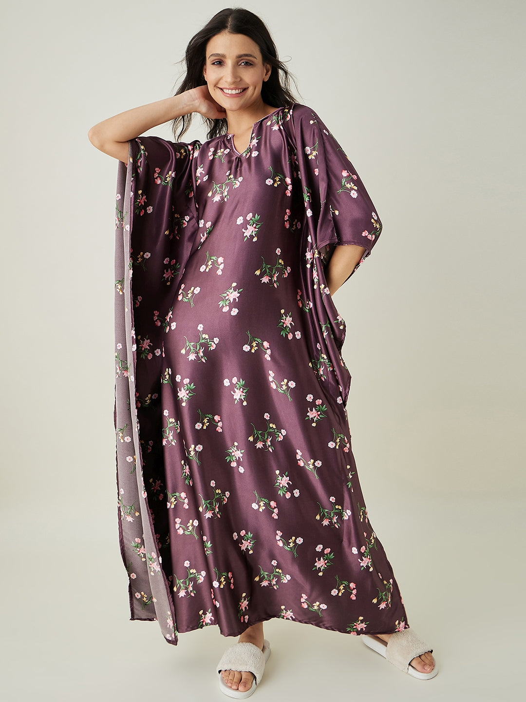 Women's Brown Floral Printed Satin Kaftan