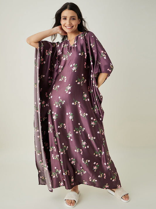 Women's Brown Floral Printed Satin Kaftan