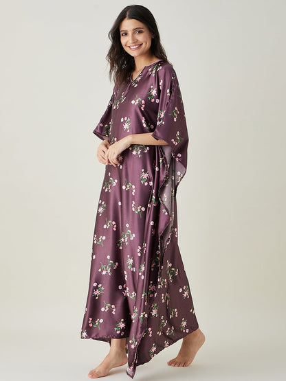 Women's Brown Floral Printed Satin Kaftan