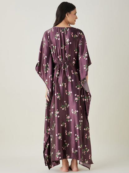 Women's Brown Floral Printed Satin Kaftan