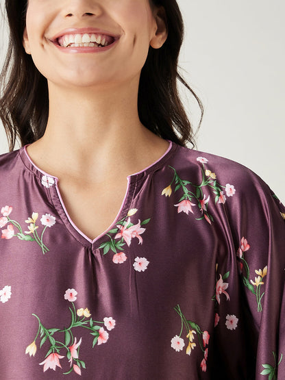 Women's Brown Floral Printed Satin Kaftan