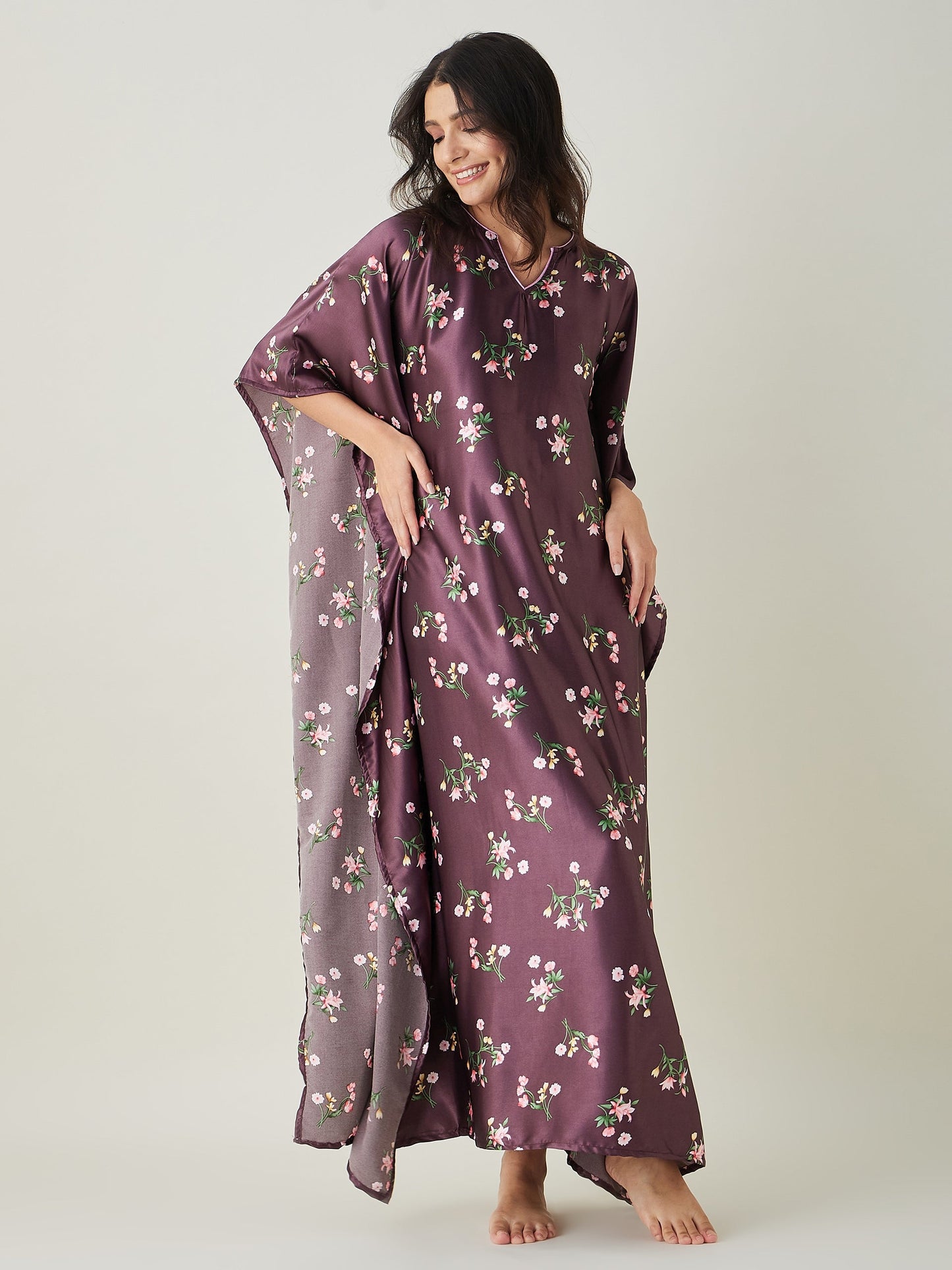 Women's Brown Floral Printed Satin Kaftan