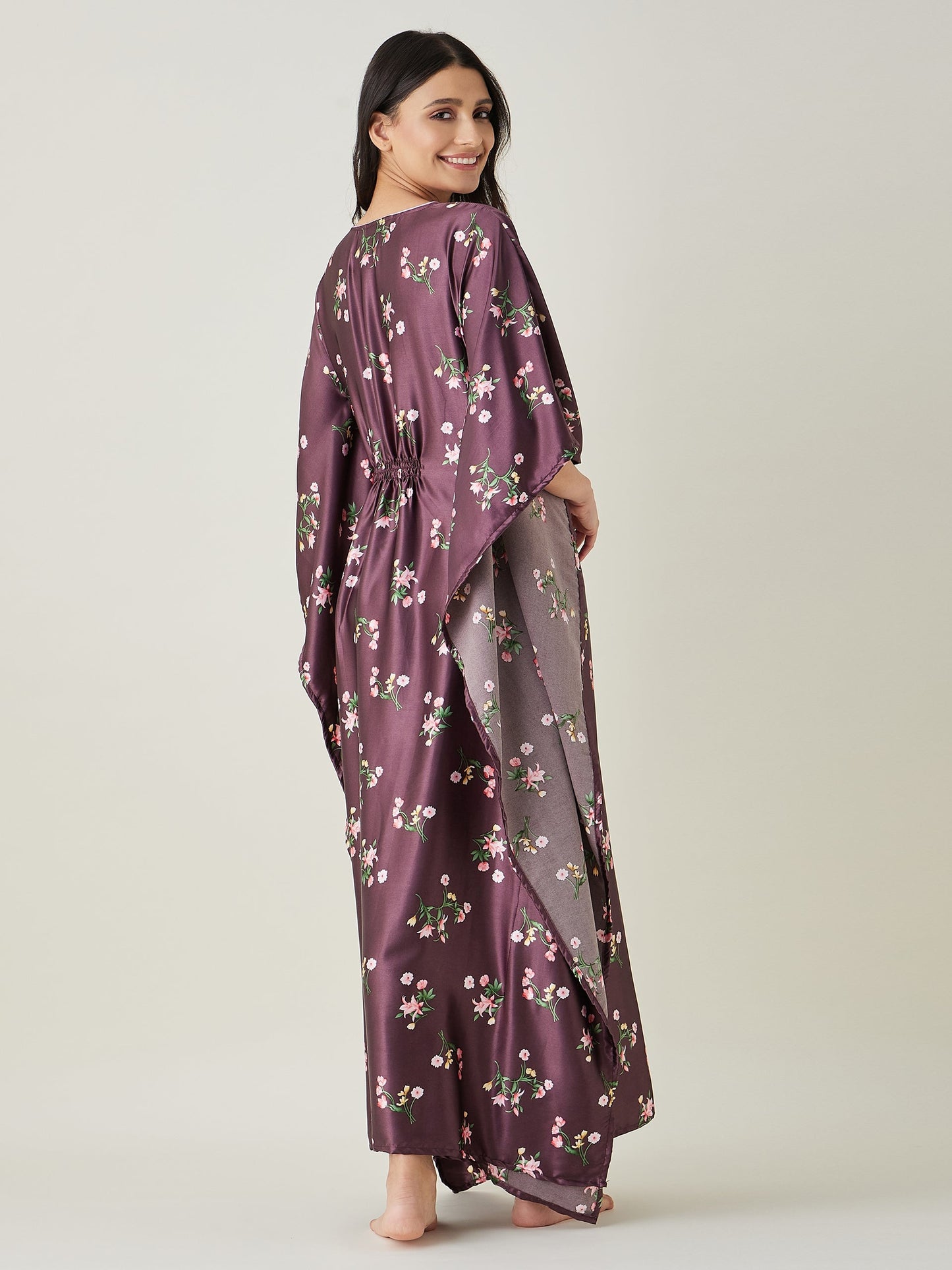 Women's Brown Floral Printed Satin Kaftan