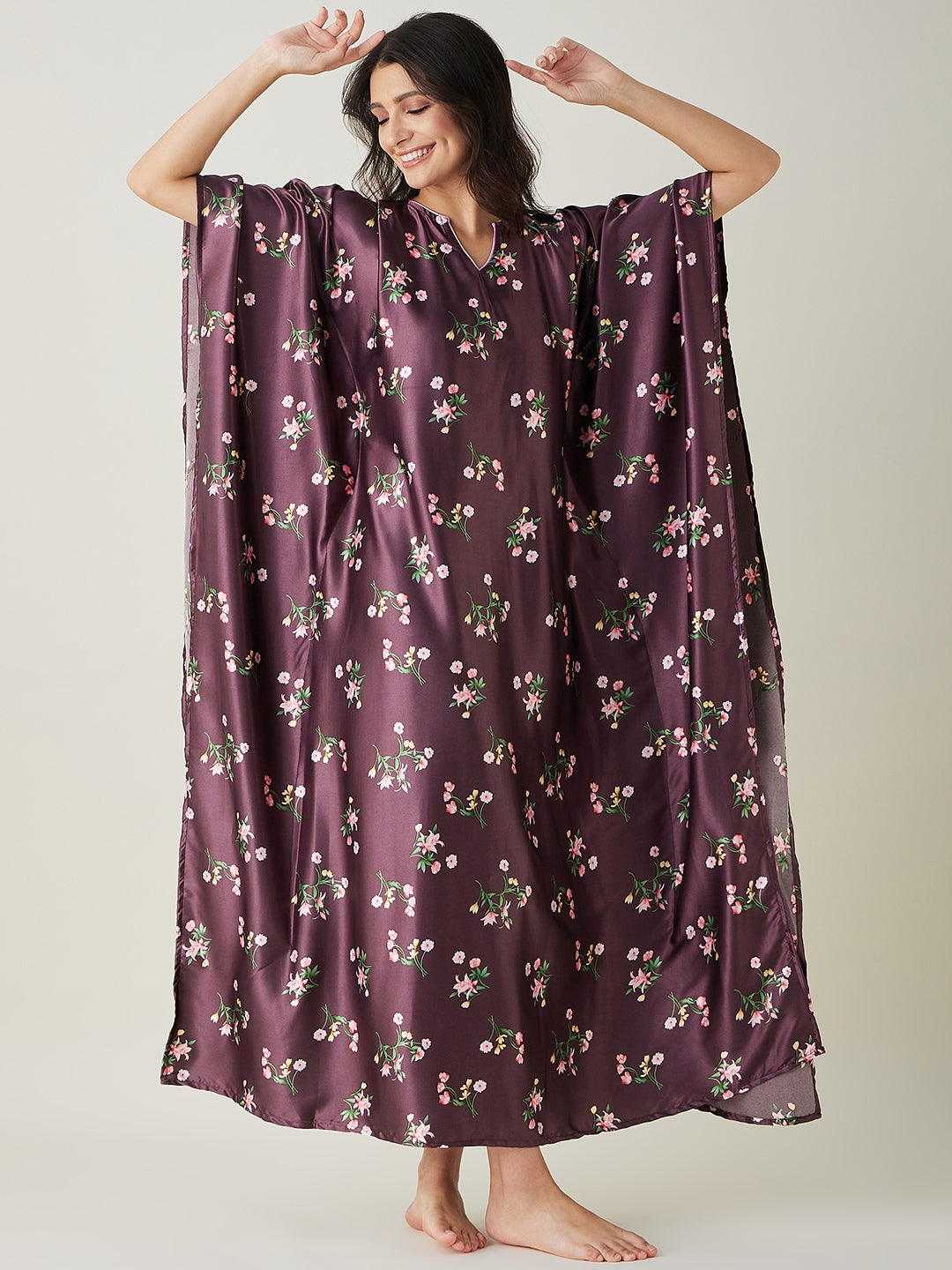Women's Brown Floral Printed Satin Kaftan