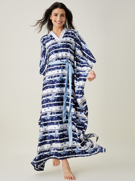 Women's White and Blue Ditsy Floral Loungewear Kaftan