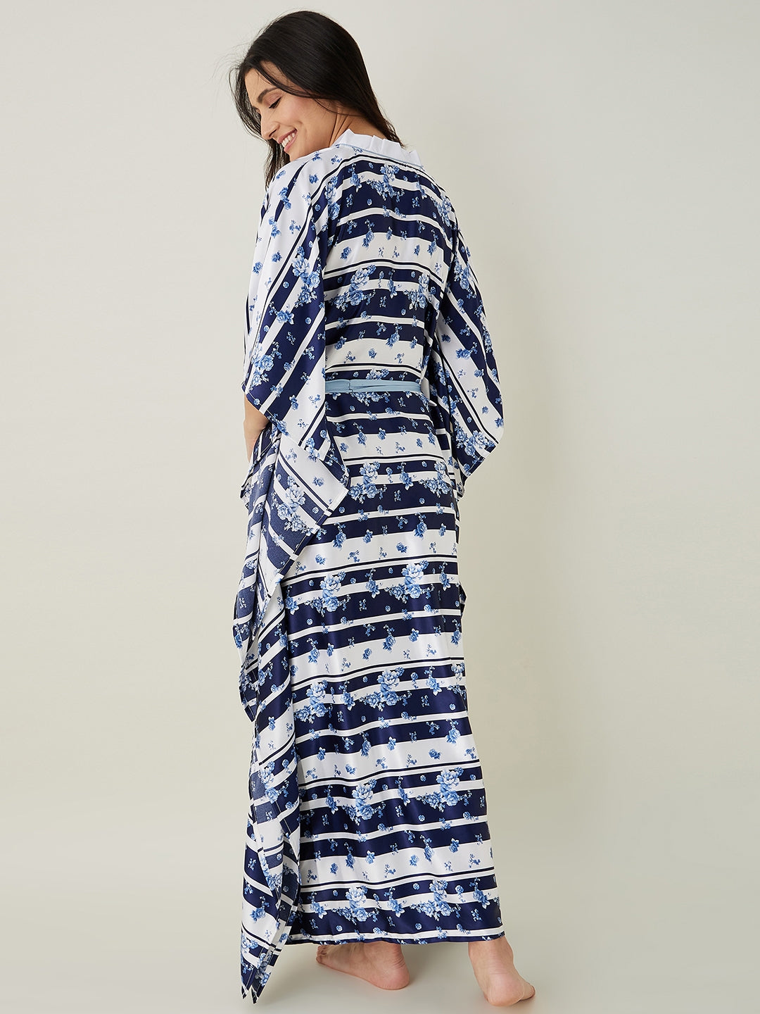 Women's White and Blue Ditsy Floral Loungewear Kaftan