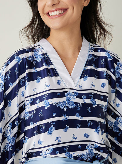 Women's White and Blue Ditsy Floral Loungewear Kaftan