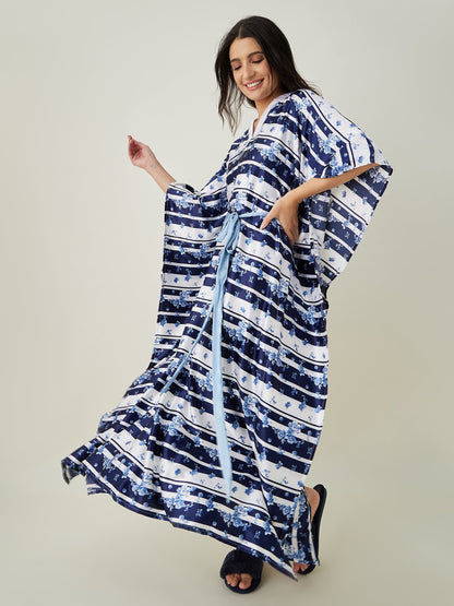 Women's White and Blue Ditsy Floral Loungewear Kaftan