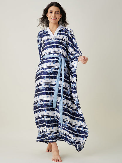 Women's White and Blue Ditsy Floral Loungewear Kaftan