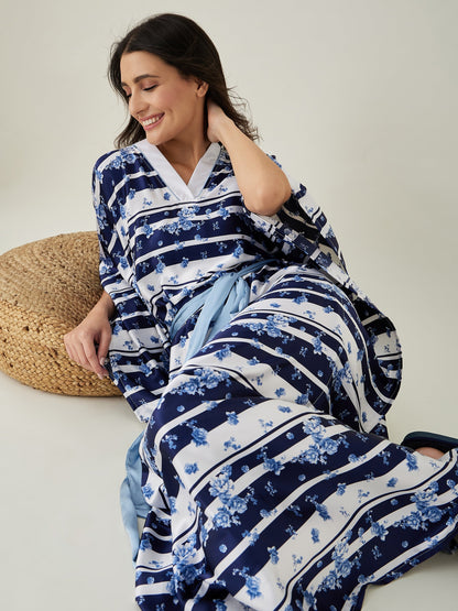 Women's White and Blue Ditsy Floral Loungewear Kaftan