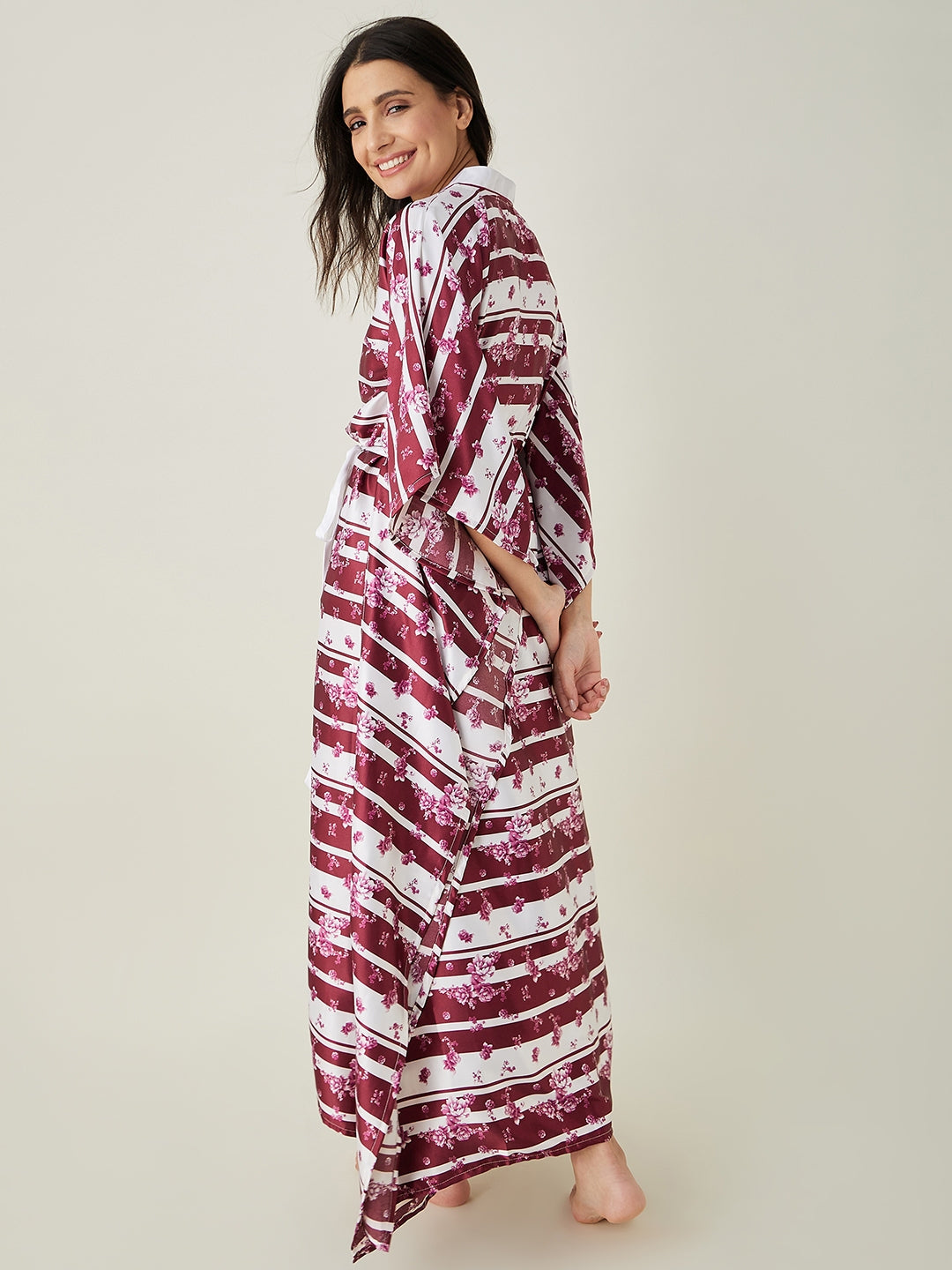 Women's White and Maroon Ditsy Floral Loungewear Kaftan