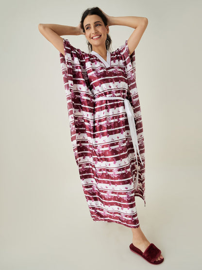 Women's White and Maroon Ditsy Floral Loungewear Kaftan