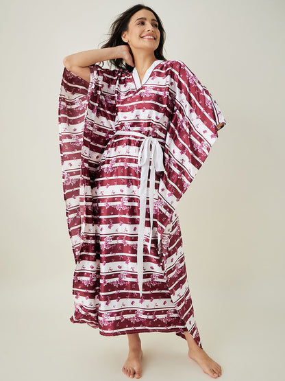 Women's White and Maroon Ditsy Floral Loungewear Kaftan