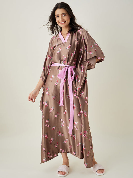 Women's Brown Floral Printed Loungewear Kaftan
