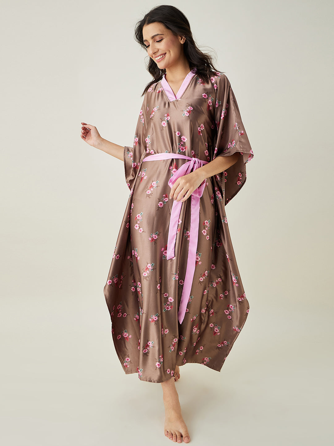 Women's Brown Floral Printed Loungewear Kaftan