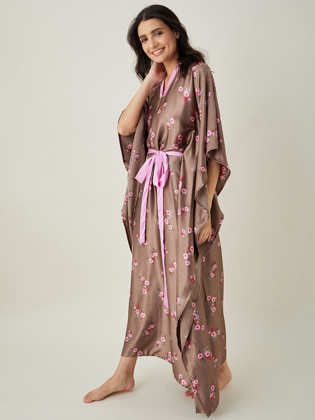 Women's Brown Floral Printed Loungewear Kaftan