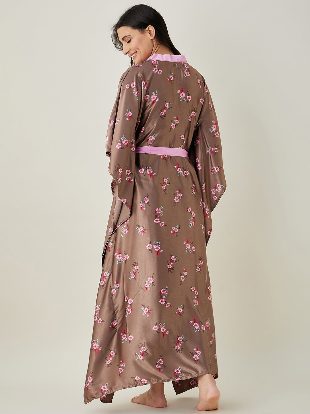 Women's Brown Floral Printed Loungewear Kaftan