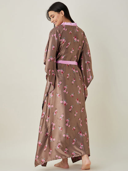 Women's Brown Floral Printed Loungewear Kaftan