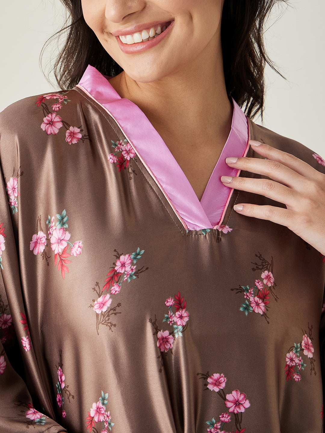 Women's Brown Floral Printed Loungewear Kaftan