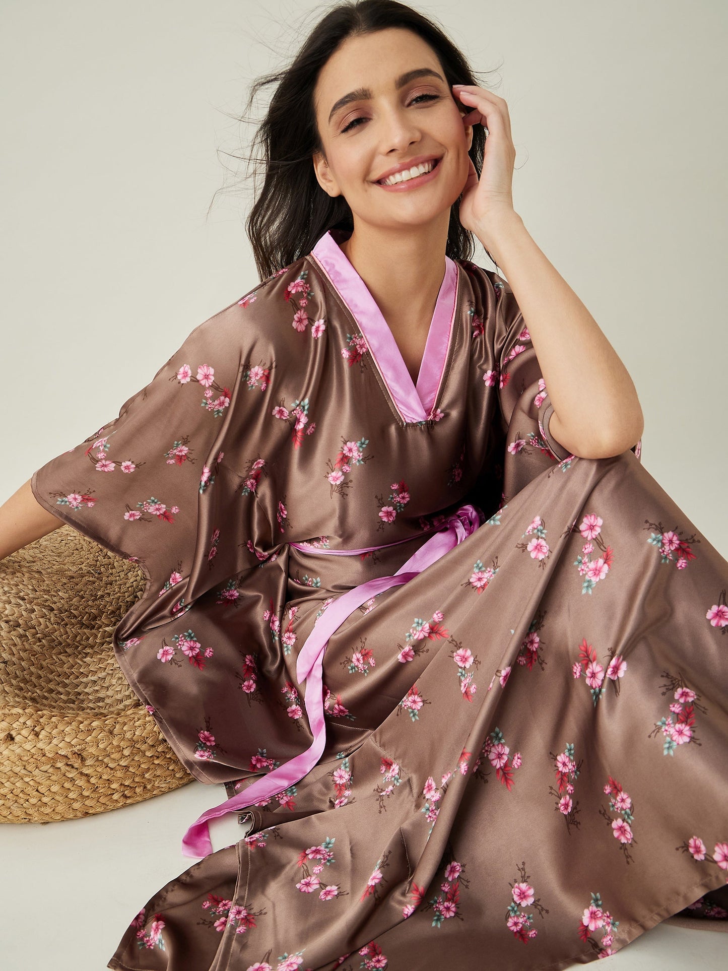 Women's Brown Floral Printed Loungewear Kaftan