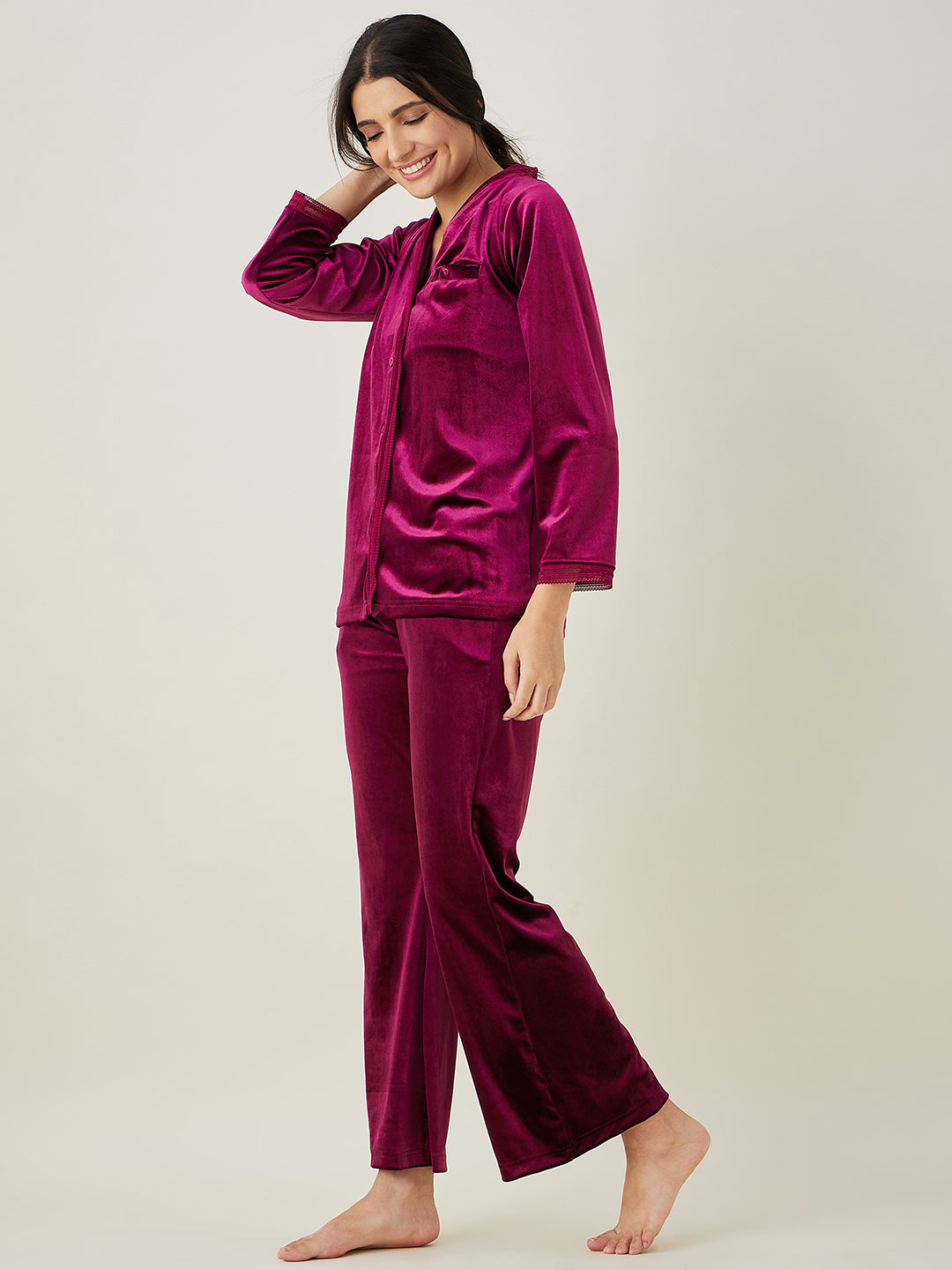 Women's Wine Button Down Velvet Lounge Set